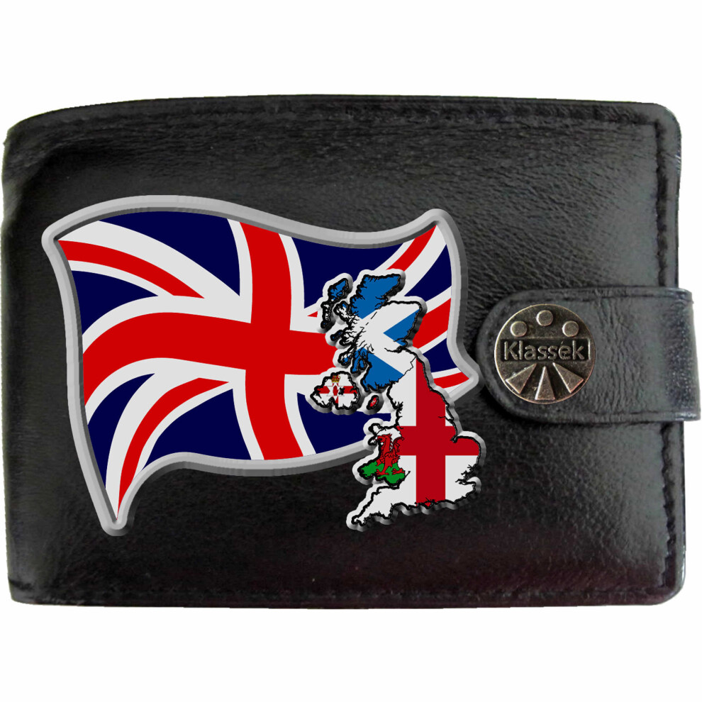 (Standard) British Flag Union Jack Map COA Mens Wallet Chain Leather Coin Pocket Klassek RFID Blocking Credit Card Slots and Metal Gift Box