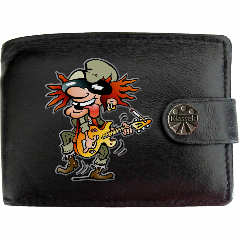 (Standard) Old Rocker Guitar player Rock Mens Wallet Chain Leather Coin Pocket Klassek RFID Blocking Credit Card Slots and Metal Gift Box