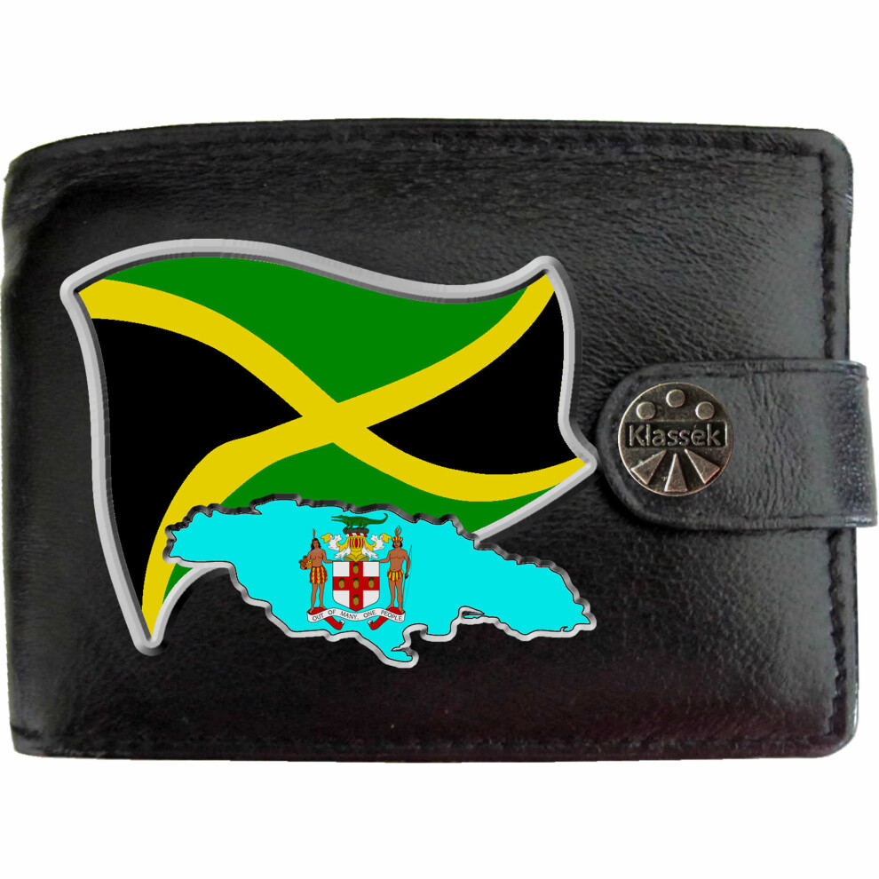 (Standard) Jamaica Flag JAMAICAN Map COA Mens Wallet Chain Leather Coin Pocket Klassek RFID Blocking Credit Card Slots and Metal Gift Box