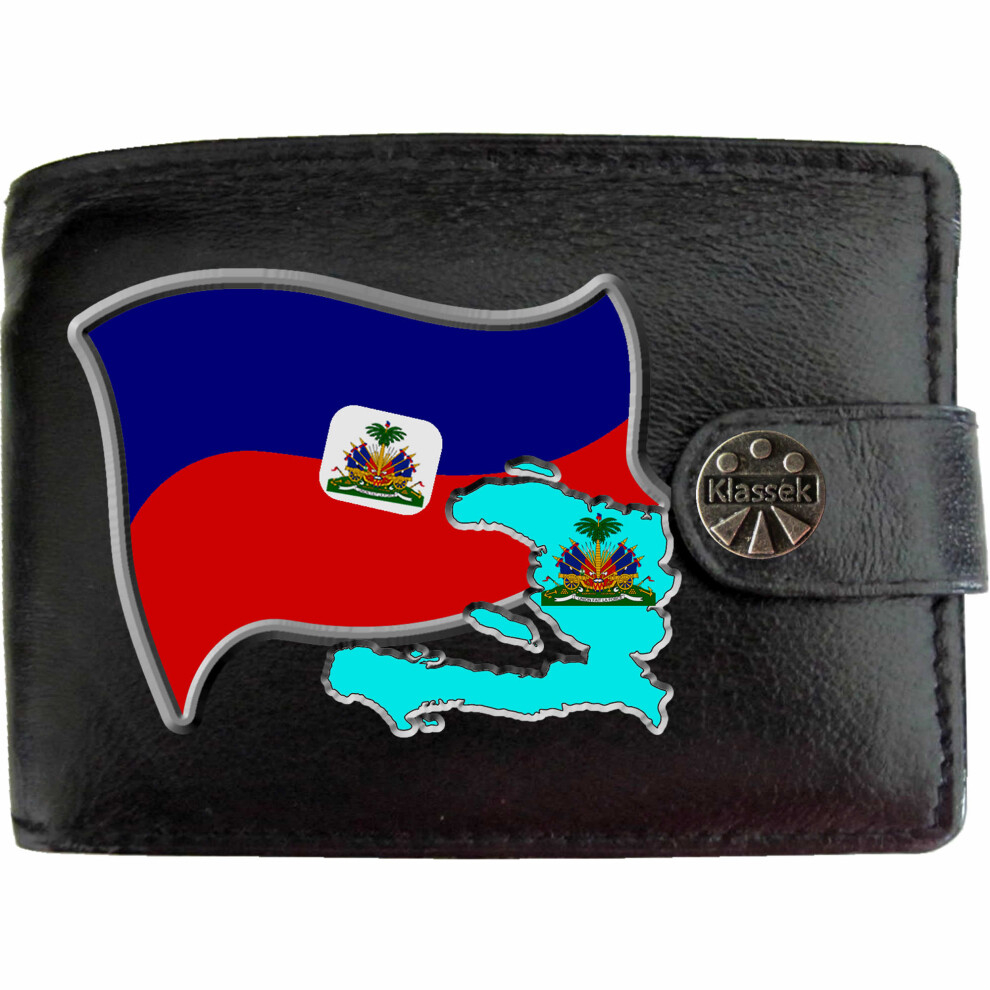 (Standard) Haiti Flag HAITIAN Map COA Mens Wallet Chain Leather Coin Pocket Klassek RFID Blocking Credit Card Slots and Metal Gift Box