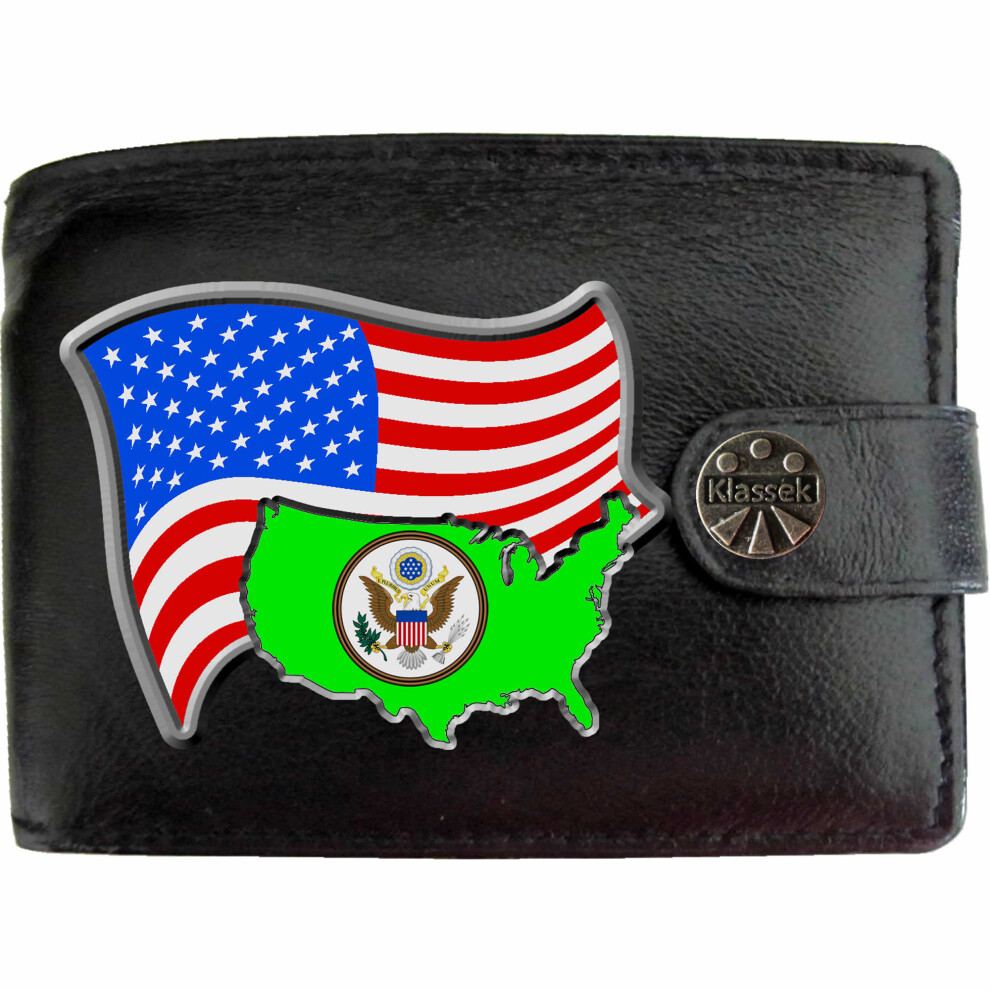 (Standard) USA Flag AMERICAN Map COA Mens Wallet Chain Leather Coin Pocket Klassek RFID Blocking Credit Card Slots and Metal Gift Box