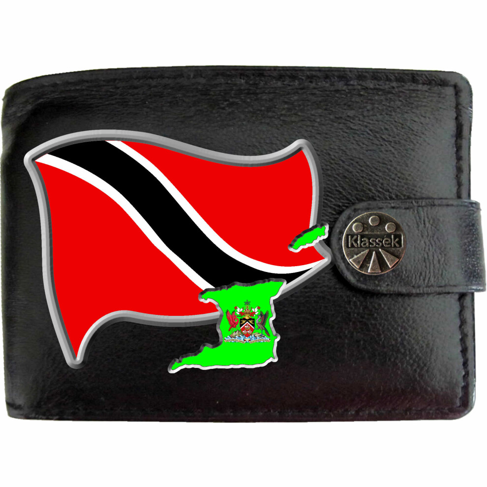 (Standard) Trinidad Tobago Flag Map COA Mens Wallet Chain Leather Coin Pocket Klassek RFID Blocking Credit Card Slots and Metal Gift Box