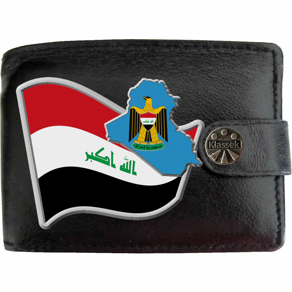 (Standard) Iraq Flag IRAQI Map COA Mens Wallet Chain Leather Coin Pocket Klassek RFID Blocking Credit Card Slots and Metal Gift Box