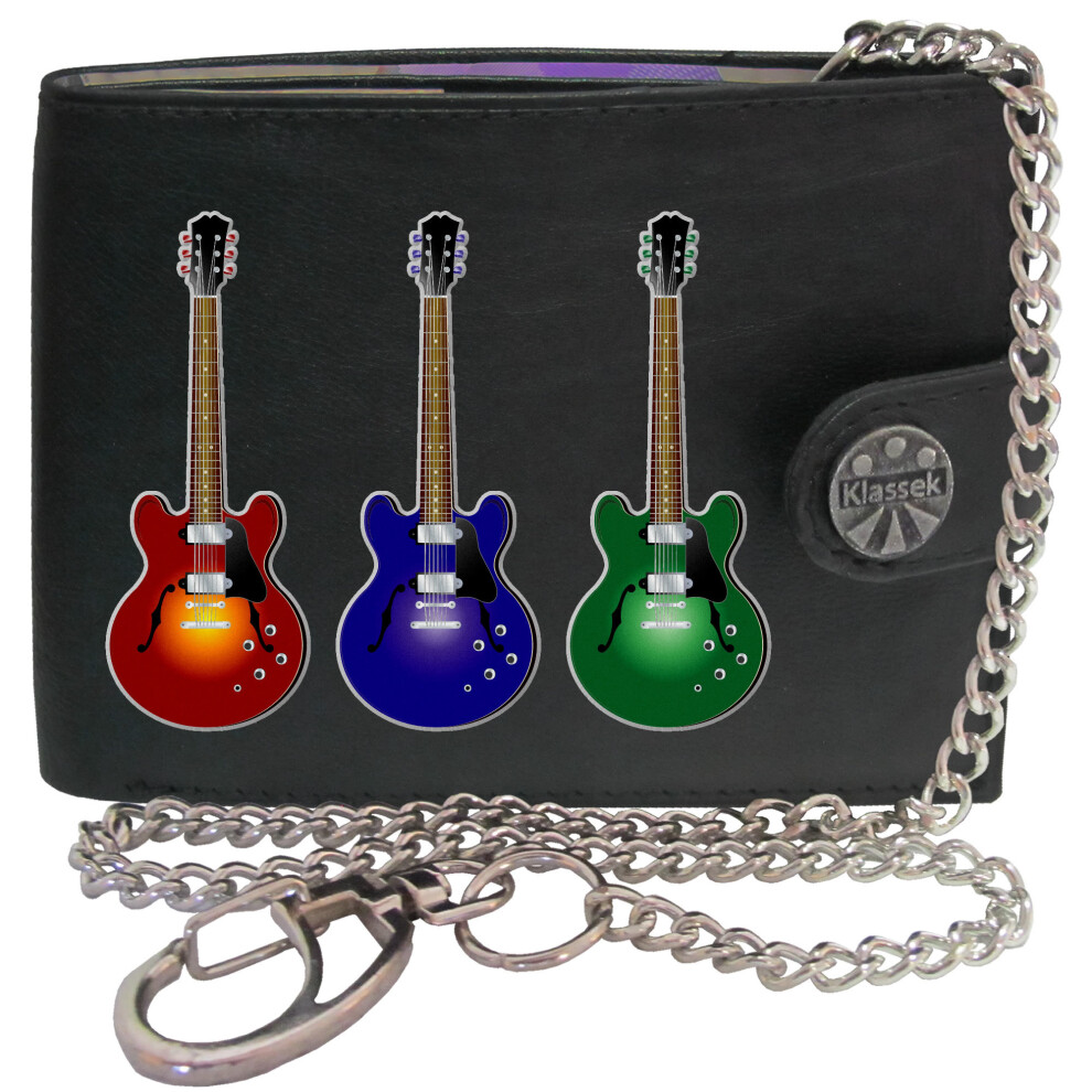 (With Chain) Electic 3 Guitars  Rock music Mens Wallet Chain Leather Coin Pocket Klassek RFID Blocking Credit Card Slots and Metal Gift Box