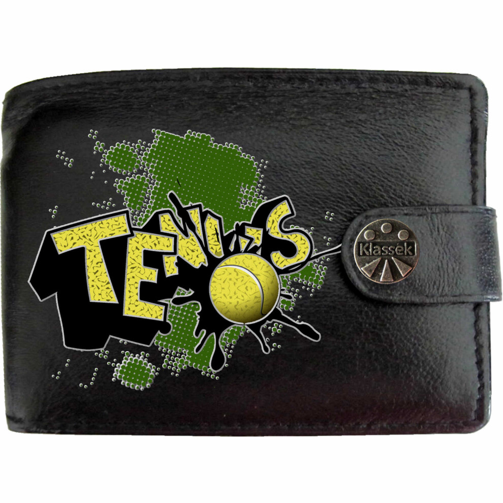 (Standard) Tennis Word Coloured Text Sport Mens Wallet Chain Leather Coin Pocket Klassek RFID Blocking Credit Card Slots and Metal Gift Box