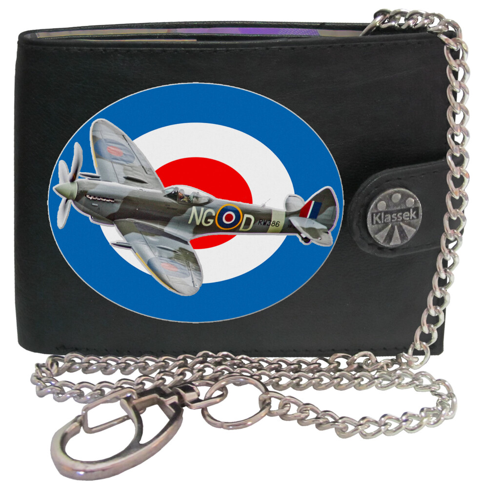 (With Chain) Spitfire Flying   RAF WW2 Mens Wallet Chain Leather Coin Pocket Klassek RFID Blocking Credit Card Slots and Metal Gift Box