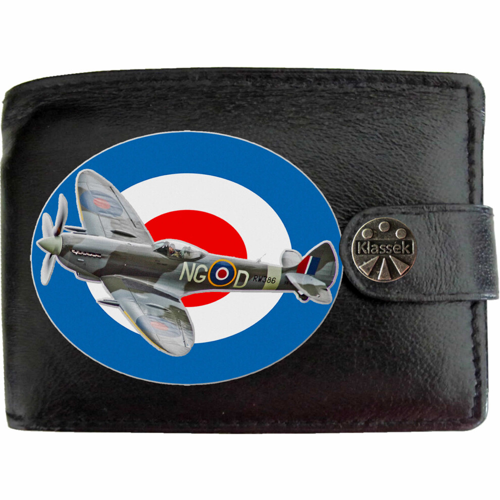 (Standard) Spitfire Flying   RAF WW2 Mens Wallet Chain Leather Coin Pocket Klassek RFID Blocking Credit Card Slots and Metal Gift Box