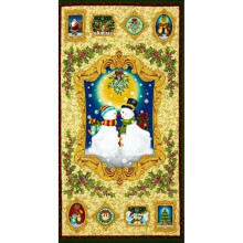 Gold Mistletoe Kissing Snowman 100% Cotton Quilting Fabric Panel Benartex
