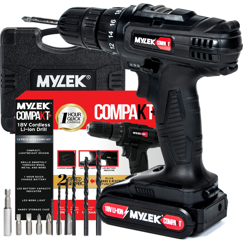 (Black) MYLEK 1 Hour Charge 18V Cordless Drill Kit