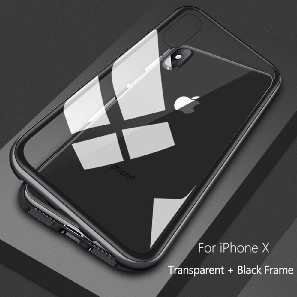 (Apple iPhone 8 Plus, Transparent Black) Magnetic Adsorption Case Metal Tempered Glass Back Magnet Absorption Protective Cover Transparent Bumper Clear + For Apple iPhone X XS 8 Plus 7 6 6s