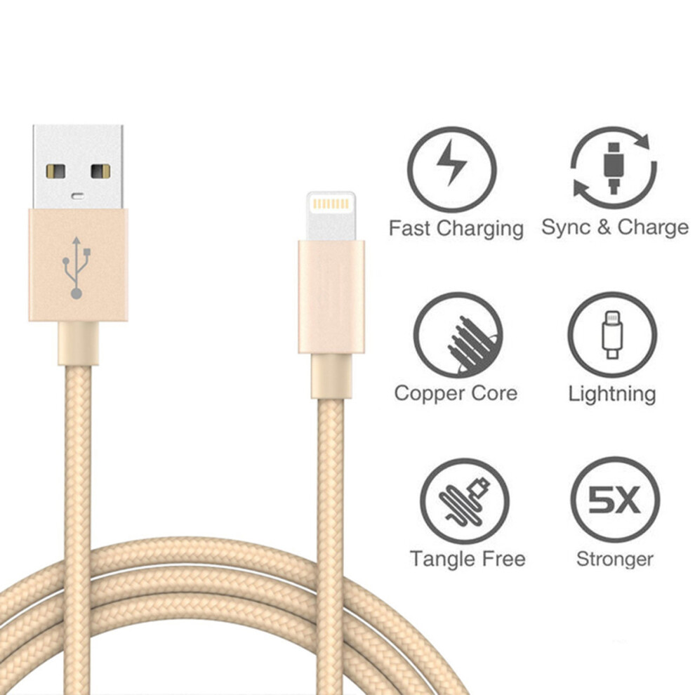 (1 Metre ( 3ft ), Gold) 1M 2M 3M USB Lightning Charger Fast Charging Cable 2A Data Sync Extra Long Heavy Duty Wire Nylon Braided Tangle-Free For Apple iPhone 11 Pro Max X XS