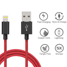 (3 Metre (3 ft ), Red) 1M 2M 3M USB Lightning Charger Fast Charging Cable 2A Data Sync Extra Long Heavy Duty Wire Nylon Braided Tangle-Free For Apple iPhone 11 Pro Max X XS