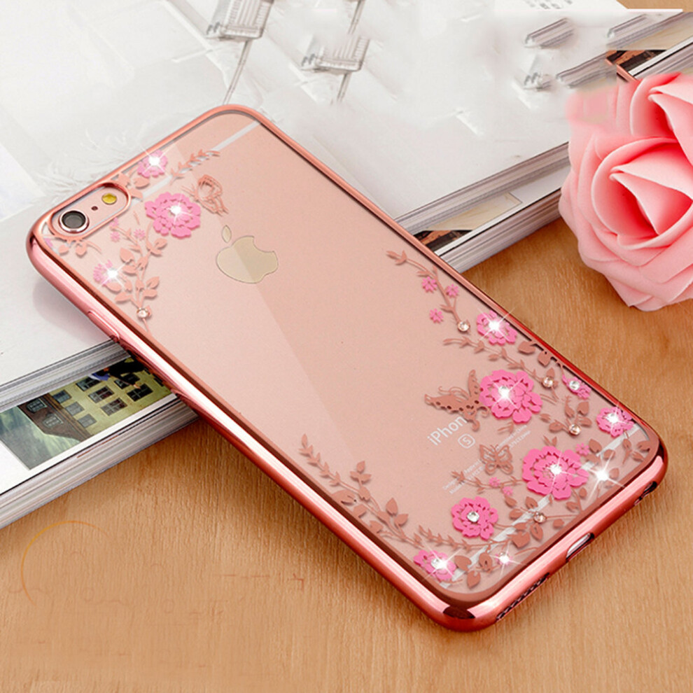 (Apple iPhone XR, Rose Gold) Flower Bling Crystal Diamonds Plating Soft TPU Cover Case Glitter Silicon ShockProof + Screen Protector For Apple iPhone X XR XS MAX 8 Plus 7 6 6s