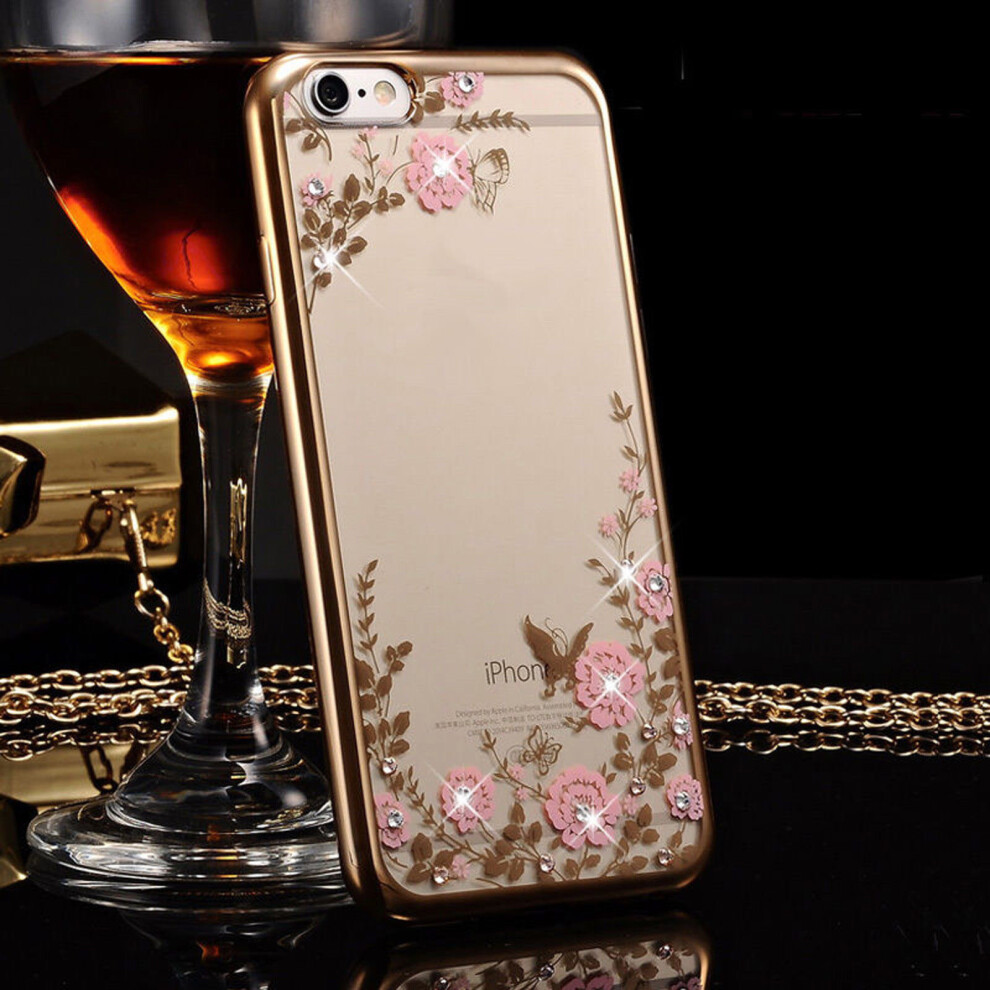 (Apple iPhone Se, Gold) Flower Bling Crystal Diamonds Plating Soft TPU Cover Case Glitter Silicon ShockProof + Screen Protector For Apple iPhone X XR XS MAX 8 Plus 7 6 6s