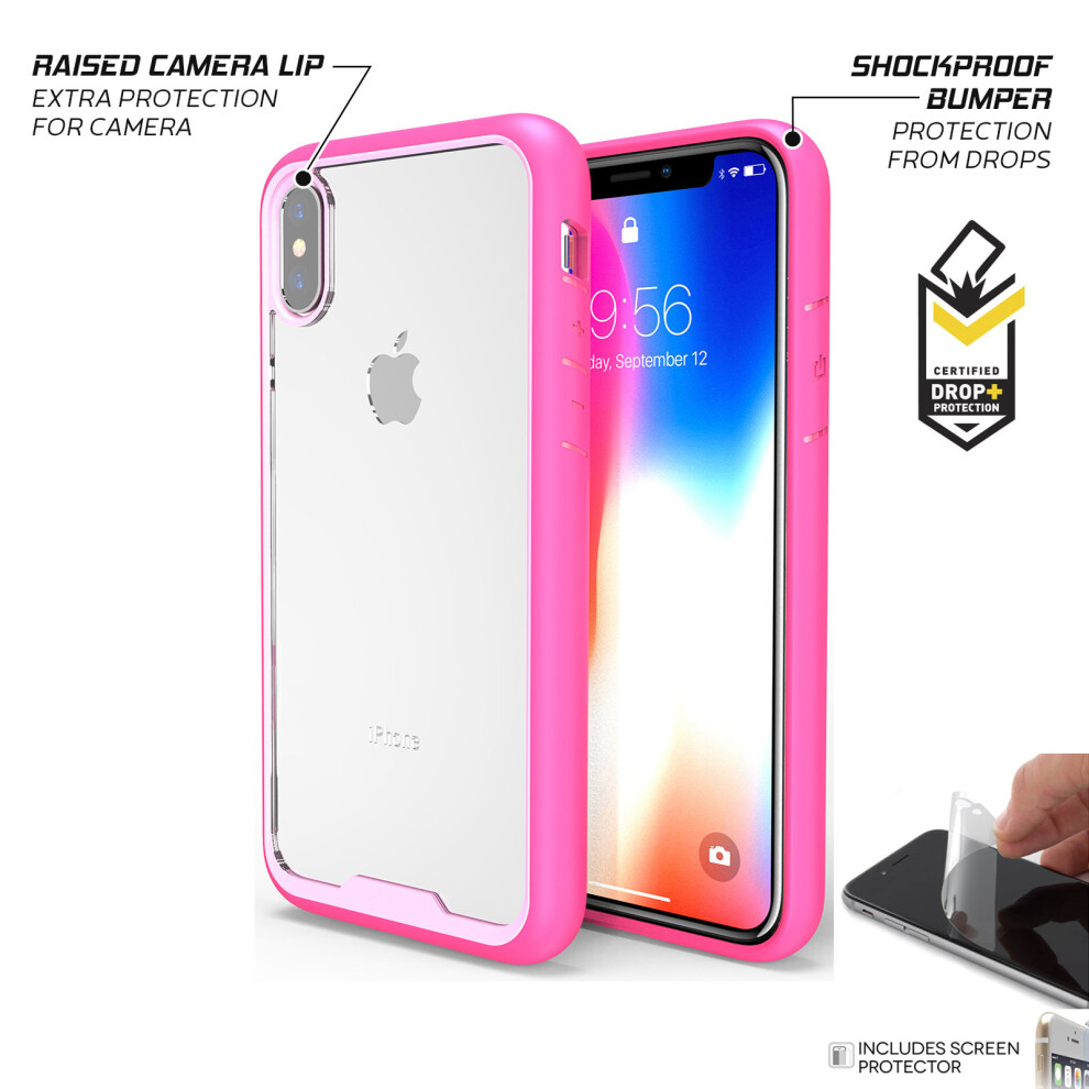 apple-iphone-xs--pink--new-transparent-clear-ultra-thin-slim-back-case-tough-armor-hard-pc-phone-cover---screen-protector-for-apple-iphone-x-xr-xs-max-8-plus-7-6-6s-se-5s-5