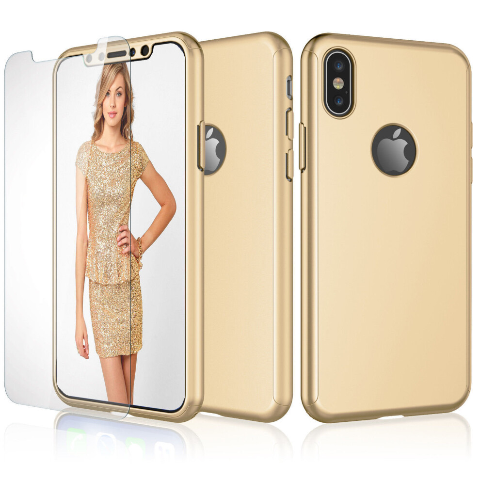 (Apple iPhone Se, Gold) New Luxury Full Body Hybrid 360 Protection Hard Acrylic Shockproof Phone Case Cover Skin Tempered Glass Screen Protector For Apple iPhone Xs Max XR