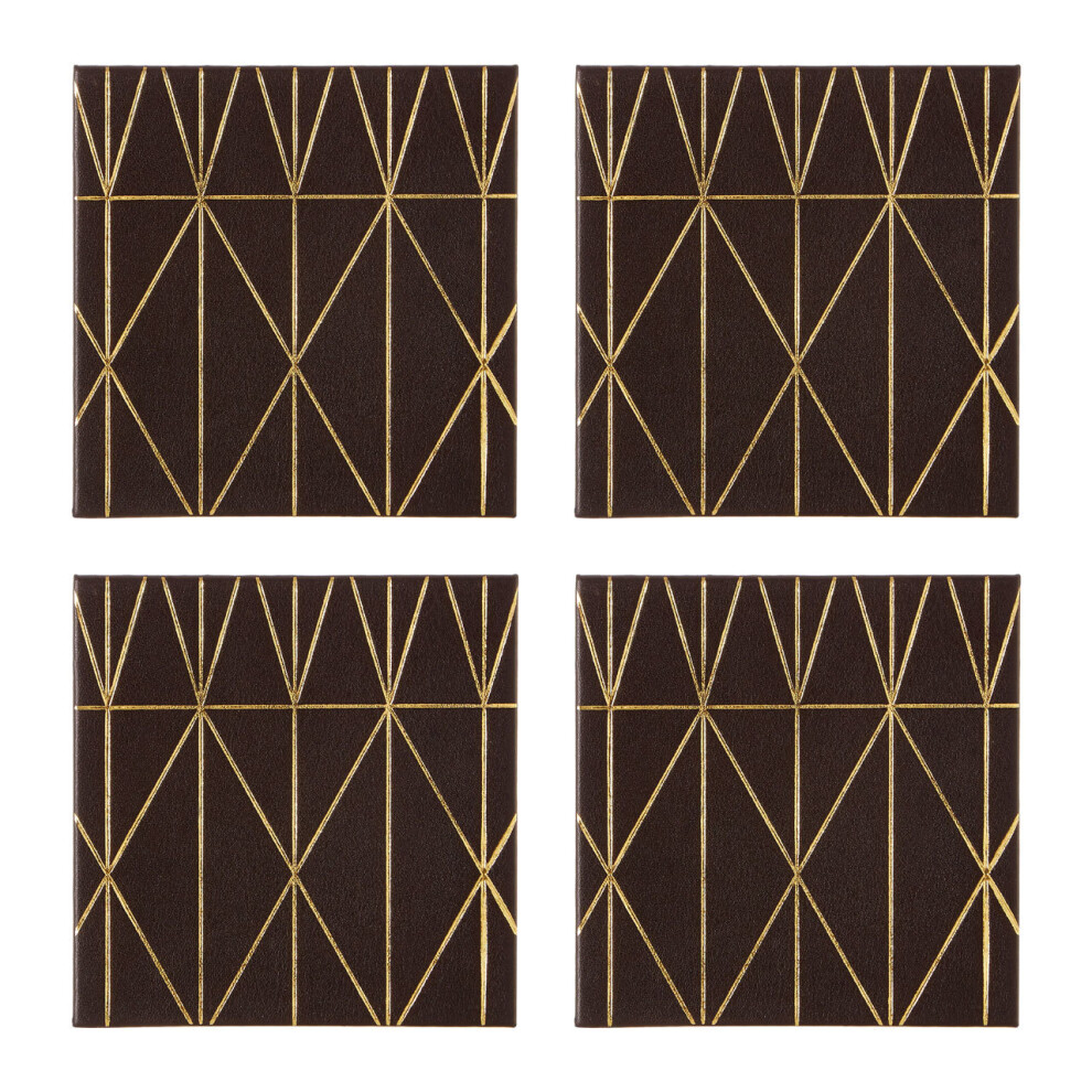 Set of 4 Geome Prism Faux Leather Effect Coasters Black and Gold Line Table Mat