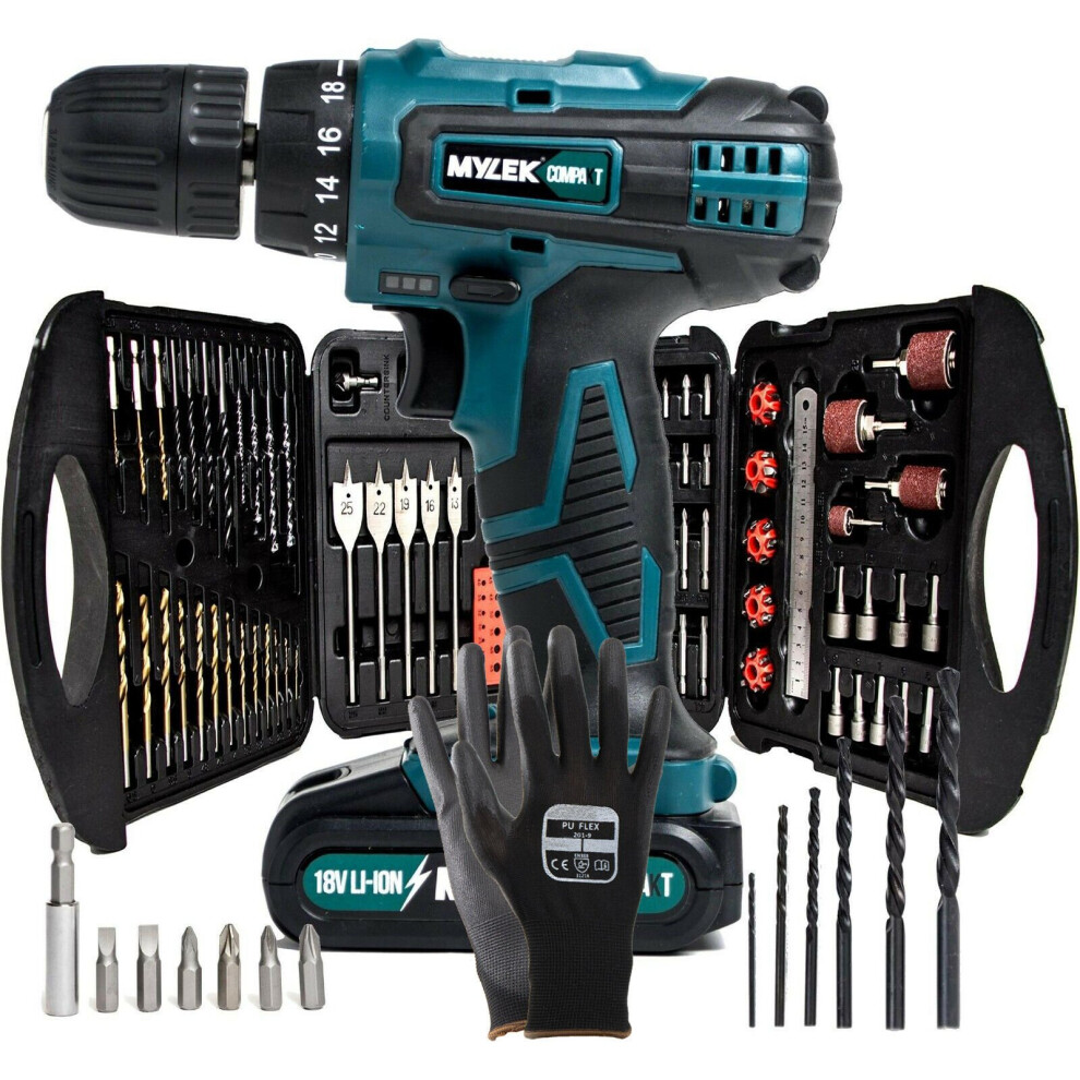 (Green) Mylek 18V Cordless Drill & 131-Piece Accessory Set