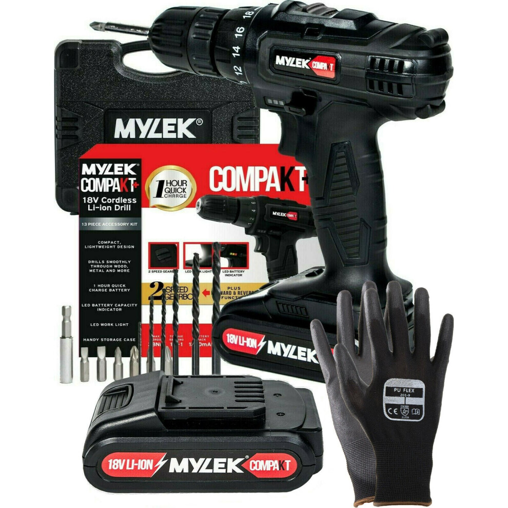 (Black) Mylek 18V Fast Charge Drill With Spare Battery