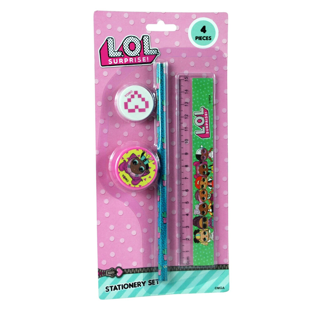 L.O.L Surprise! Stationery Set 4pcs- Ruler, Pencil, Eraser & Pink Pencil Sharpener