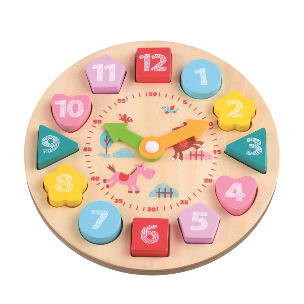 LELIN Wooden 12 Hour Clock Toy with Multicoloured Geometric Number Blocks & Manual Clicking Hands - Educational Learning Tool for Kids