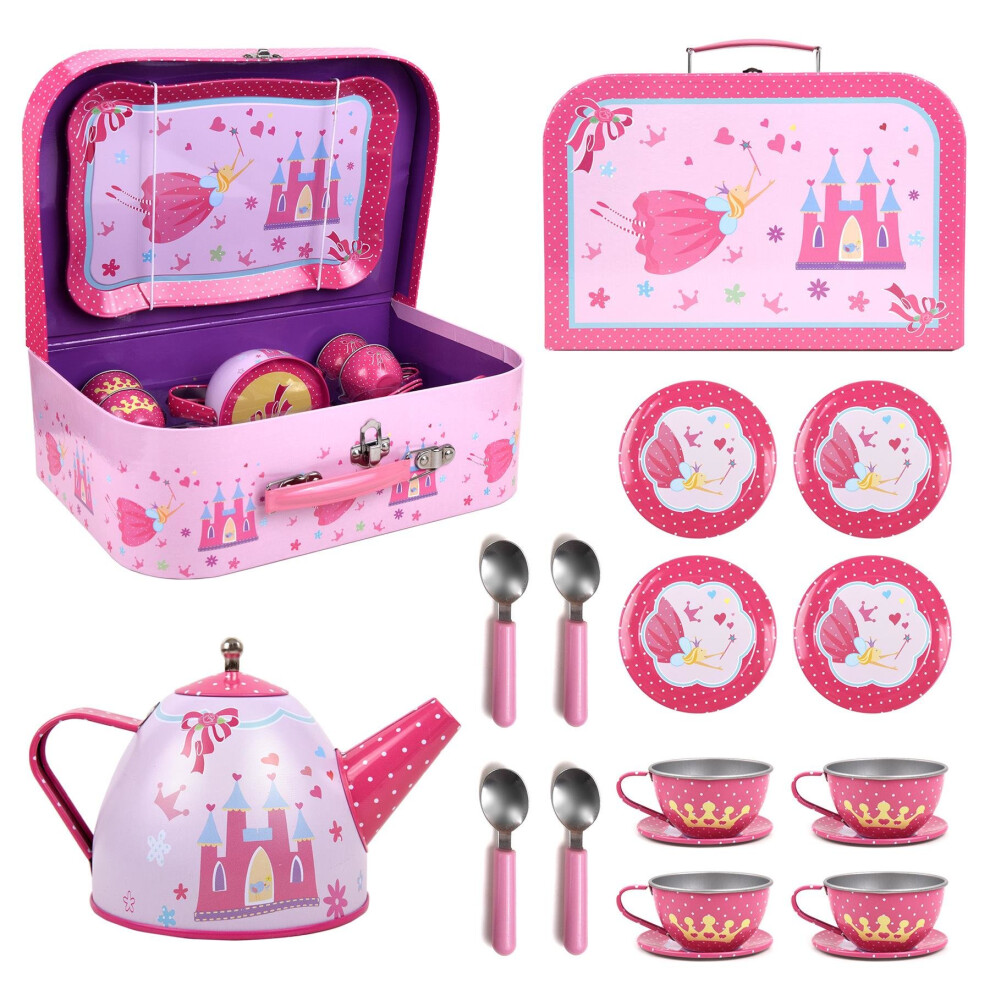 SOKAÂ® Fairy Tale Metal Tea Set & Carry Case Toy for Kids - 18 Pcs Illustrated Colourful Design Toy Tea Set for Children Role Play