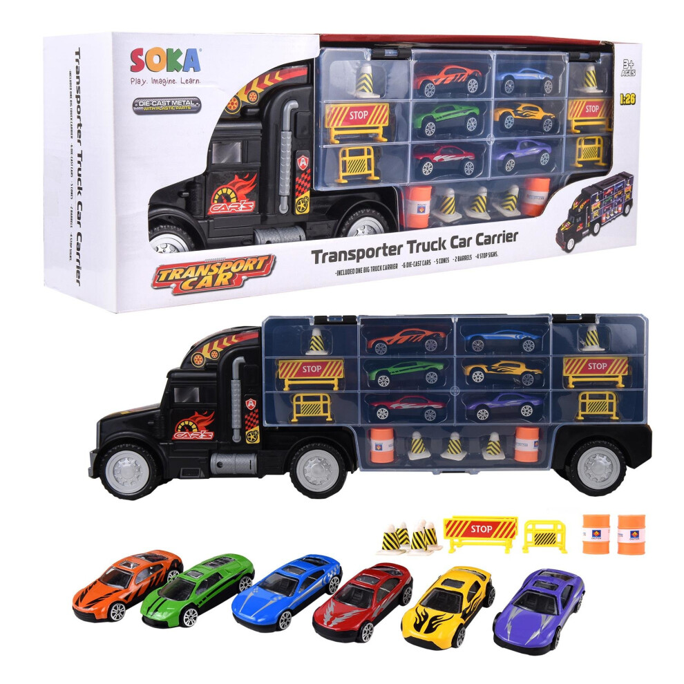 SokaÂ® Car Transporter Carrier Truck Toy - Play Vehicle Set of 1 Big Truck Carrier, 6 Colourful Metal Cars, 5 Cones, 2 Barrels and 4 Stop Signs