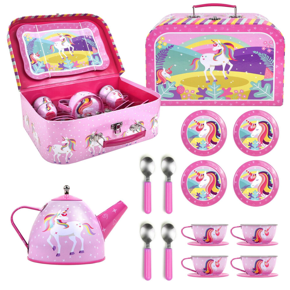 SOKAÂ® Unicorn Metal Tea Set & Carry Case Toy for Kids - 18 Pcs Illustrated Colourful Design Toy Tea Set for Children Role Play