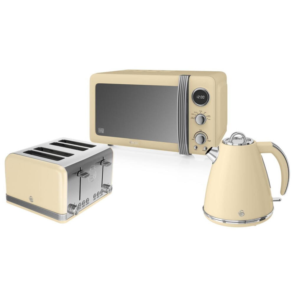 (Cream) Swan Retro 800W Digital Microwave, 1.5L Jug Kettle & 4 Slice Toaster