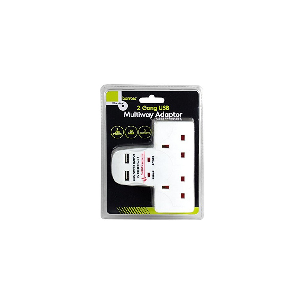 Benross 45600 Standard 2 Way Wall Adaptor Socket / Includes 2 USB Slots