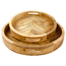 S2 Round Herringbone Wood Trays - Set of 2, Durable, Stylish Trays for Serving, Display & Organization
