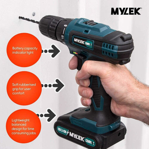 MYLEK Mylek 18V Cordless Drill Set Kit with 2 Li-Ion Batteries 1