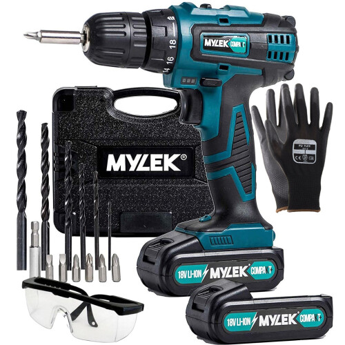 MYLEK Mylek 18V Cordless Drill Set Kit with 2 Li-Ion Batteries