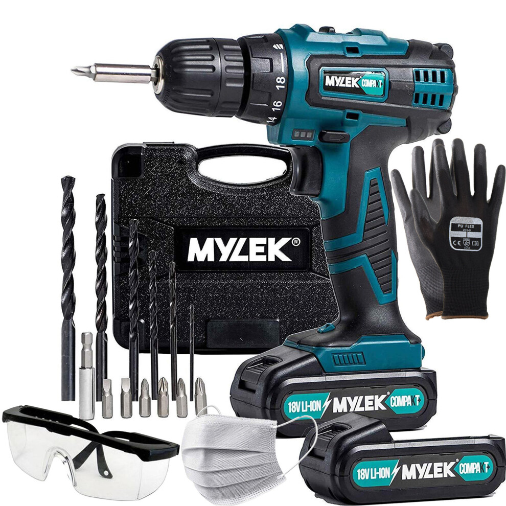 Mylek 18V Cordless Drill Set & Safety Kit with 2 Li-Ion Batteries