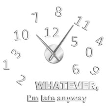 (Silver, 37 inch) Whatever I'm Late Anyway Inspirational Quote Wall Art Large Numbers DIY Wall Clock