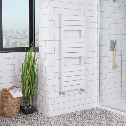 PlumbGalaxy Juva 1200 x 450mm White Flat Panel Heated Towel Rail