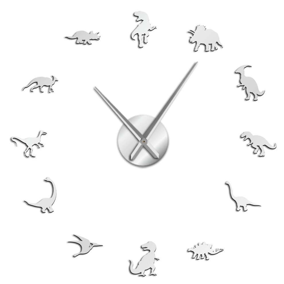 (Silver, 37 inch) Jurassic Dinosaurs Wall Art T-Rex DIY Large Wall Clock