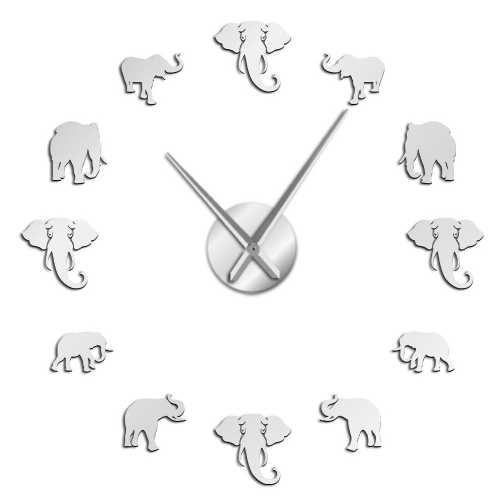 (Silver, 47 inch) Home Decor Jungle Animals Elephant DIY Large Wall Clock