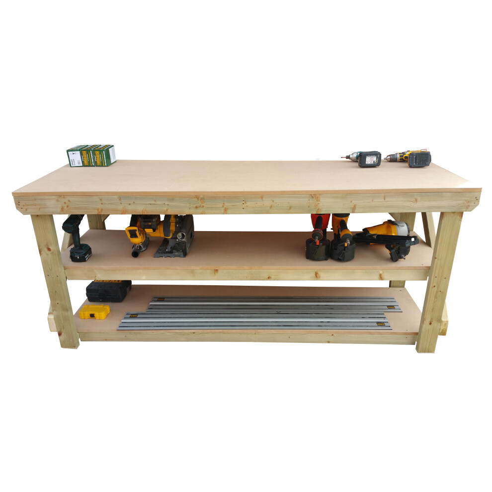 (7, Standard Legs) Workbench MDF Top Wooden With Double shelf Industrial Garage Heavy Duty Table