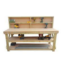 (4, Standard Legs) Workbench MDF Top Wooden With Double shelf and Back Panel Industrial Garage Heavy Duty Table