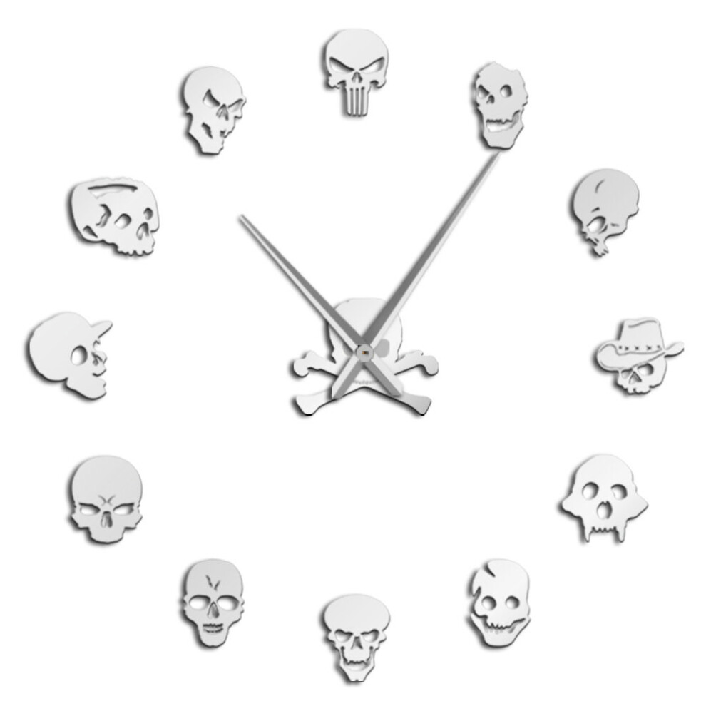 (silver, 37 inch) Different Skull Heads DIY Horror Wall Art Giant Wall Clock