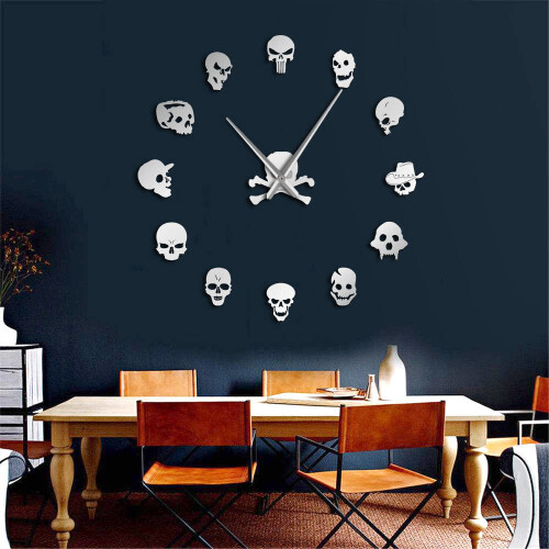 (silver, 37 inch) Different Skull Heads DIY Horror Wall Art Giant Wall Clock 1