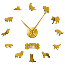 (gold, 47 inch) Dog Breed Border Collie Silhouette Wall Sticker Frameless DIY Giant Wall Clock