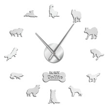 (silver, 47 inch) Dog Breed Border Collie Silhouette Wall Sticker Frameless DIY Giant Wall Clock