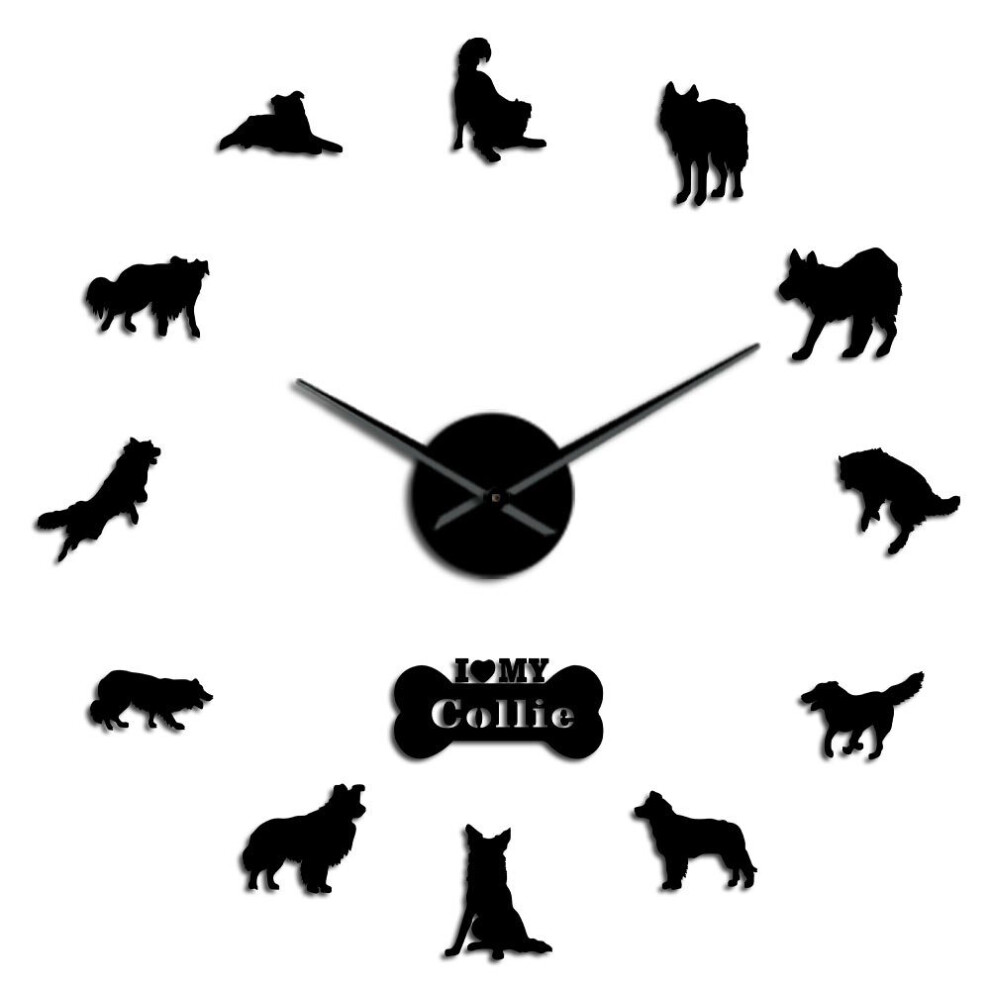 (black, 37 inch) Dog Breed Border Collie Silhouette Wall Sticker Frameless DIY Giant Wall Clock