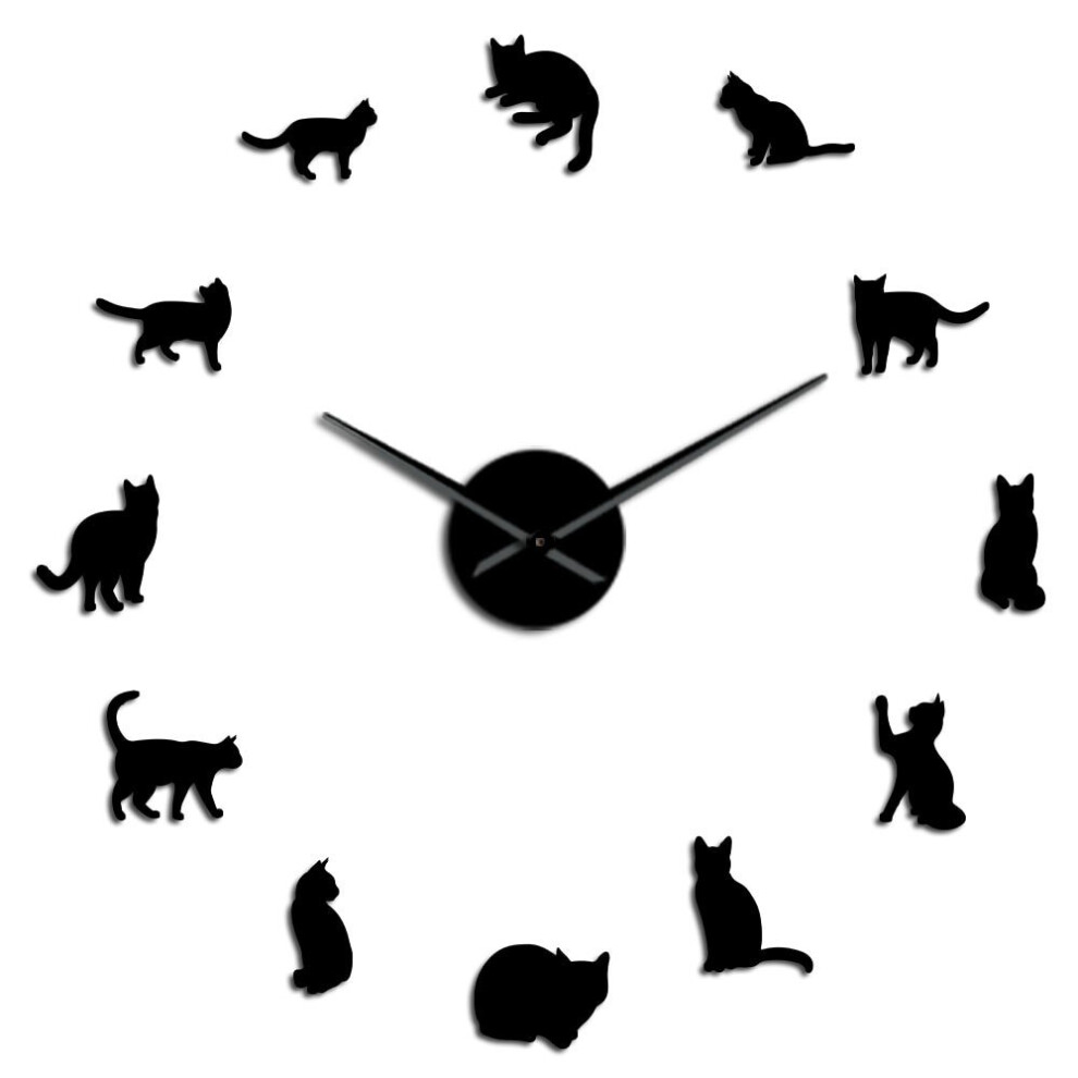 (black, 47 inch) Silhouette Cats Wall Art Kittens DIY Giant Wall Clock