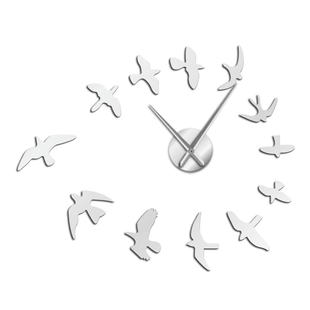 (silver, 47 inch) Modern Design Luxury Frameless DIY Decorative Flying Birds Wall Clock