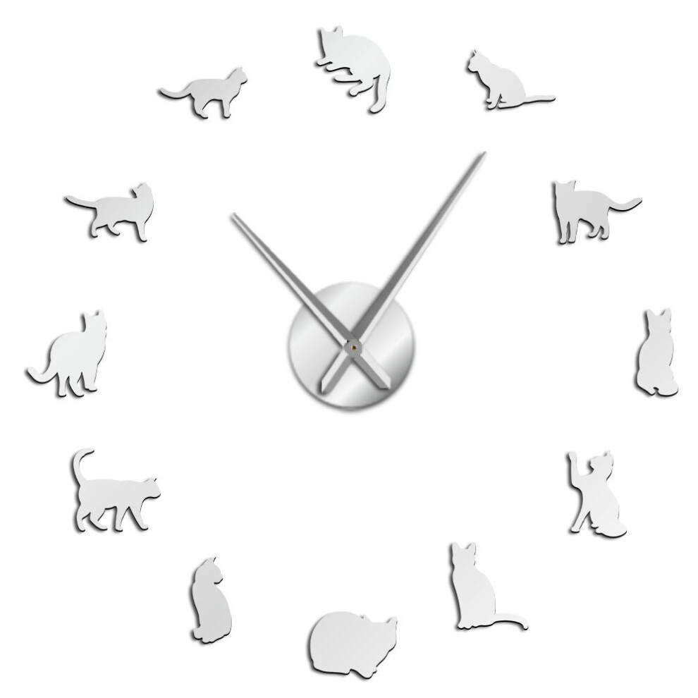Fancylife (, 37 Inch) Silhouette Cats Wall Art Kittens Diy Giant Wall Clock Silver