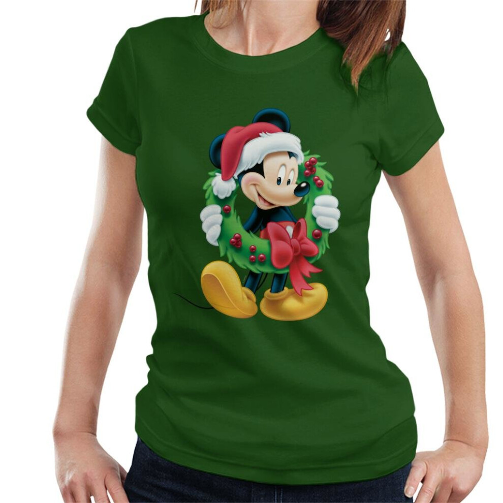 (X-Large, Bottle Green) Disney Mickey Mouse Christmas Wreath Women's T-Shirt