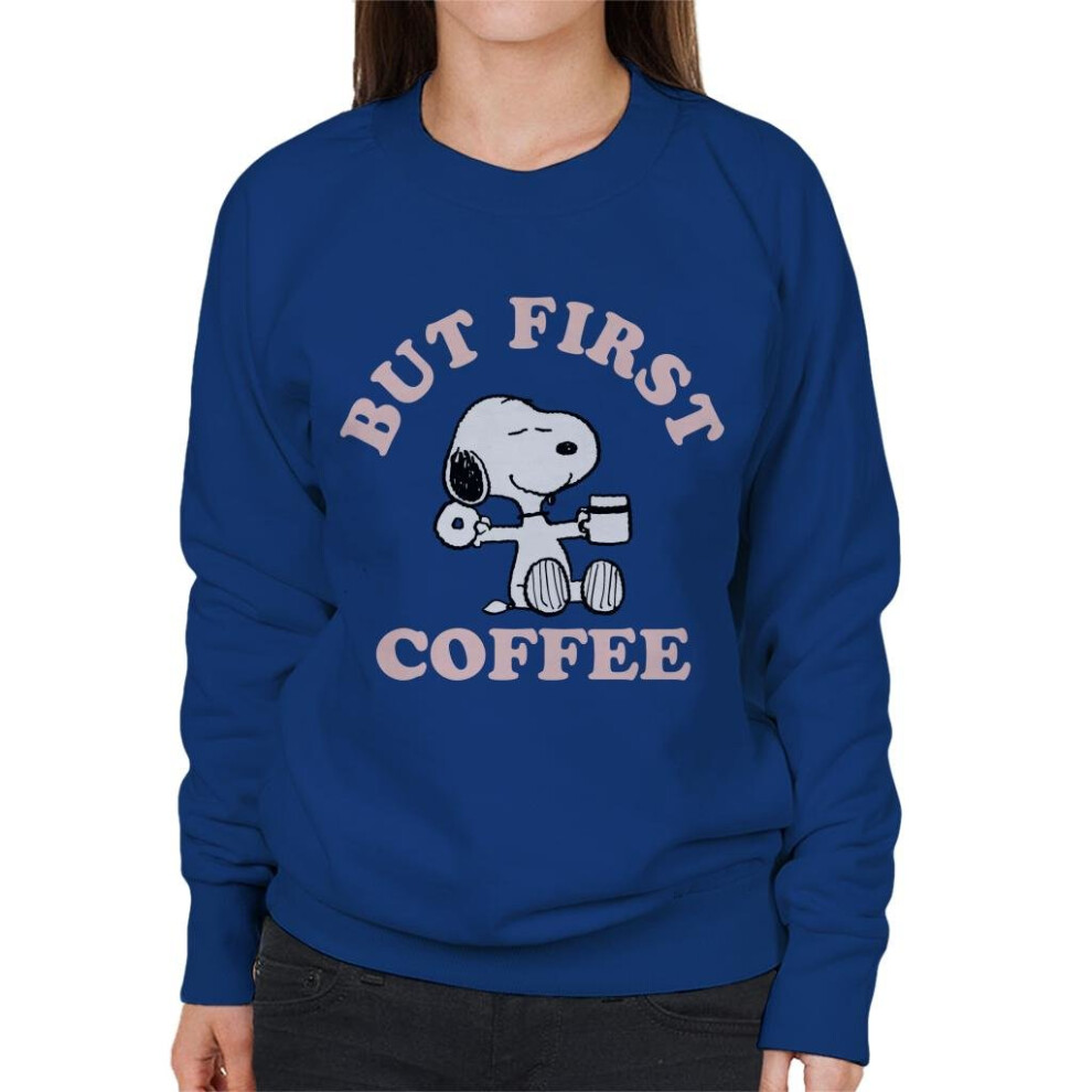 (X-Large, Royal Blue) Peanuts But First Coffee Snoopy Women's Sweatshirt